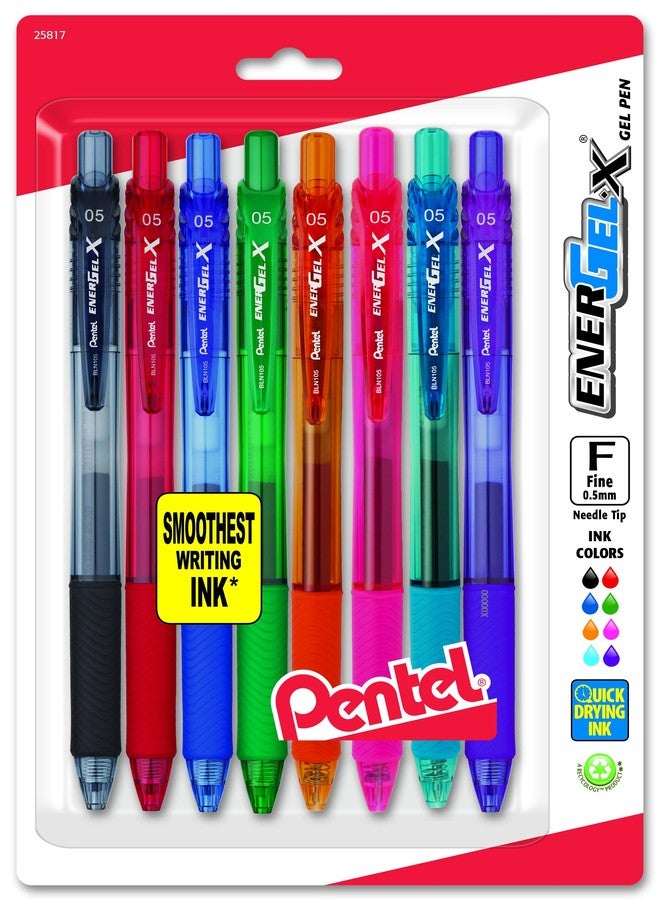 Pentel EnerGel-X Retractable Liquid Gel Pen, 0.5mm, Needle Tip, Assorted Ink, Pack of 8 (BLN105BP8M) - Image 1